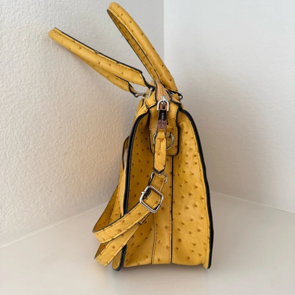 London Fog Yellow Faux Ostrich Satchel Crossbody Bag